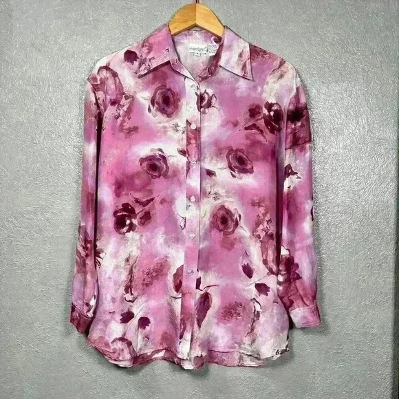 VINTAGE 90s 100% Pure Silk Pink Floral Button Up Blouse White Stitch Women Smal - Picture 1 of 11